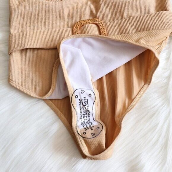 NWT Tan Ribbed Belted Bohemian One Piece Swimsuit Size Medium Bathing Suit - Picture 6 of 10